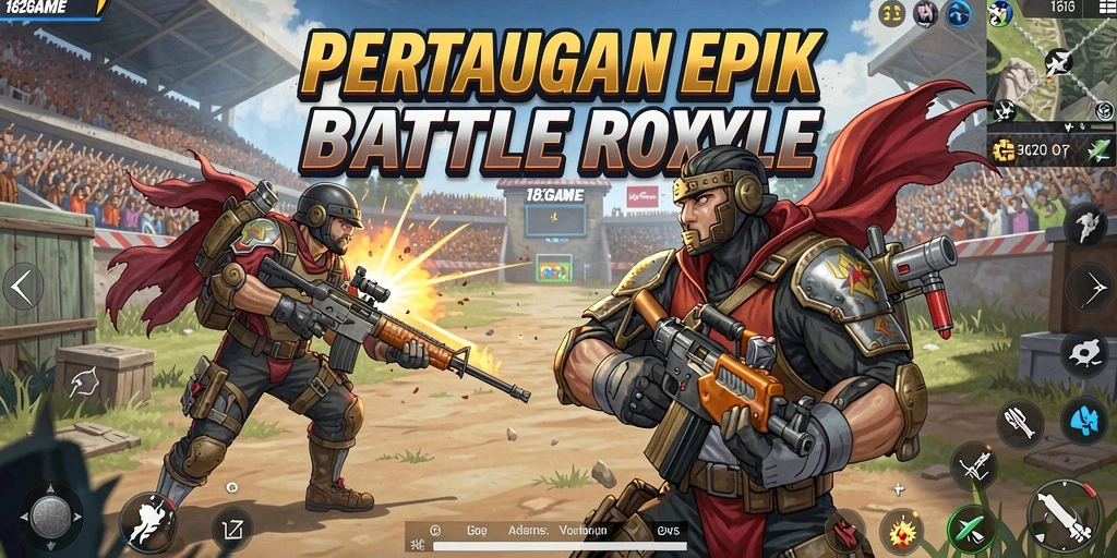 Screenshot utama gameplay 182GAME menunjukkan aksi pertempuran yang seru di medan perang.