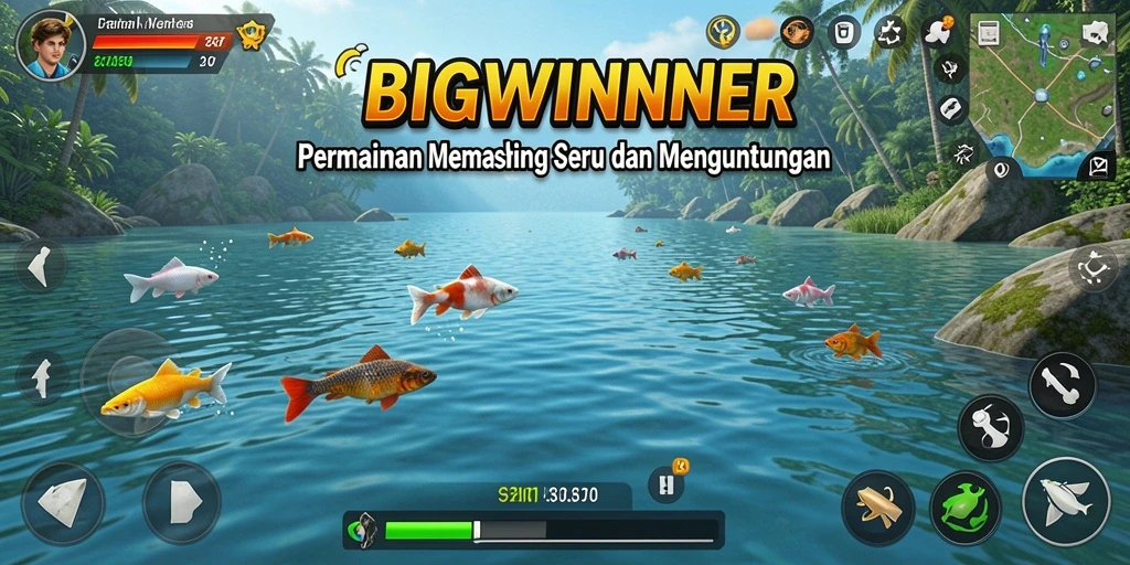 Screenshot gameplay BIGWINNER menunjukkan aksi menangkap ikan yang mendebarkan.