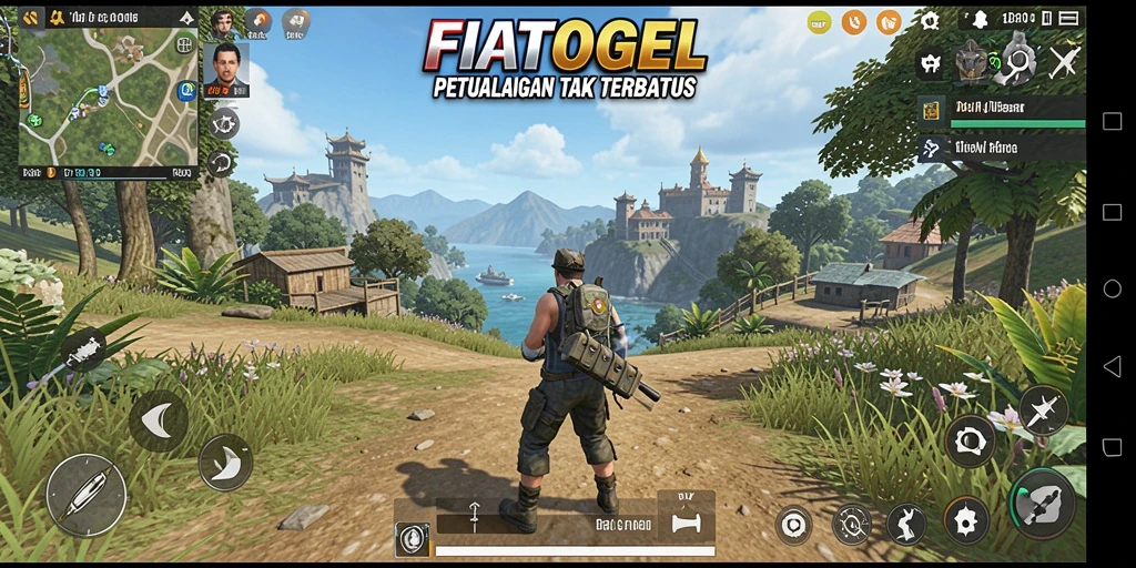 Screenshot menunjukkan pemain menjelajahi dunia terbuka FIATOGEL.