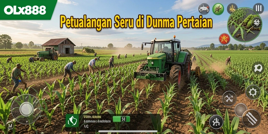 Tangkapan layar gameplay OLX888 menunjukkan kebun yang rimbun dan aktivitas bertani.
