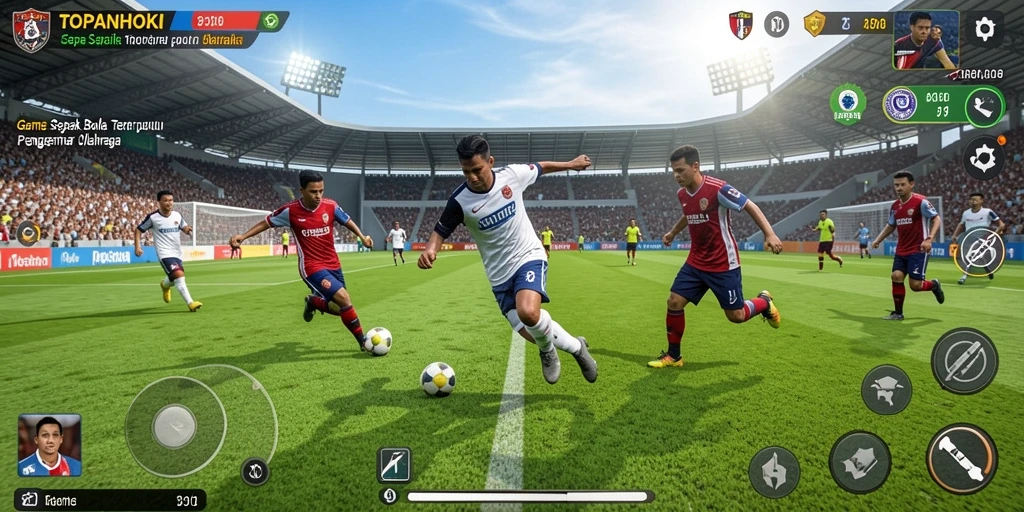 Screenshot gameplay <strong>TOPANHOKI</strong> menunjukkan aksi sepak bola yang mendebarkan.