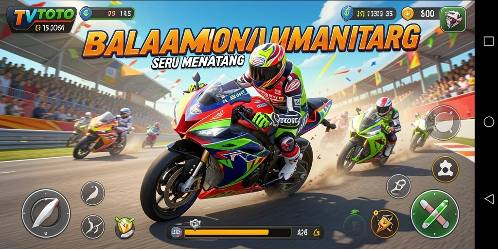 Gameplay seru dalam TVTOTO dengan balapan motor penuh aksi.