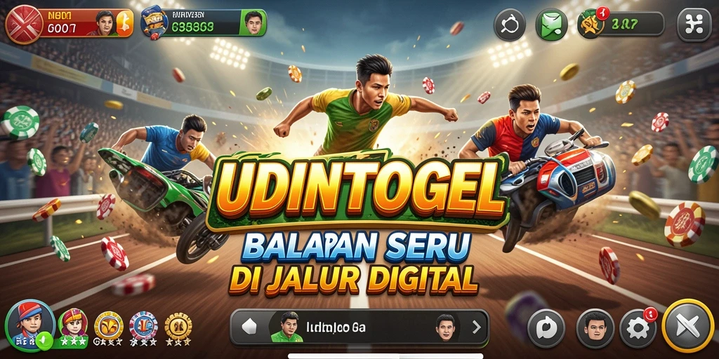 Screenshot gameplay UDINTOGEL menampilkan balapan mendebarkan dengan mobil cepat.